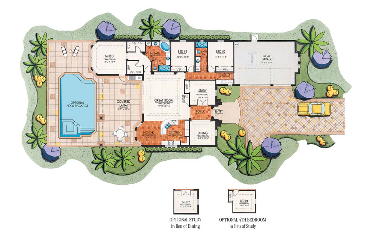 Montessa II Floor Plan in Paseo, 3 bedroom, 2 bath, great room, dining room, study (opt. 4th bedroom), screened covered lanai, 3-car garage